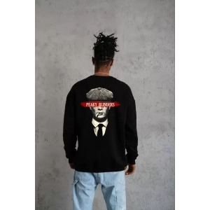 Unisex Bisiklet Yaka Baskılı Oversize Sweatshirt - Siyah