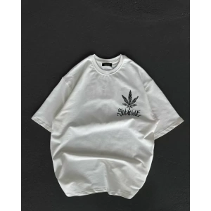 Unisex Bisiklet Yaka Baskılı Oversize T-Shirt - Beyaz