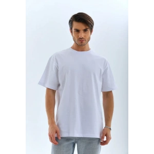 Unisex Oversize Düz Bisiklet Yaka T-Shirt - Beyaz