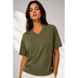 V Yaka Basic Tişört Kısa Kol Yazlık Regular Fit T-Shirt - Haki