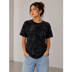 Yıkamalı Washed Effect Tişört Bisiklet Yaka Sokak Stil Kısa Kol T-Shirt - Siyah