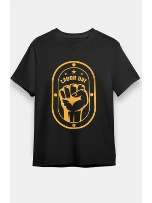 1 Mayıs Labor Day Emekçi Temalı Baskılı Oversize Bisiklet Yaka T-shirt - Siyah