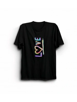 14 Şubat Sevgililer Günü Love Baskılı Oversize Bisiklet Yaka T-shirt - Siyah
