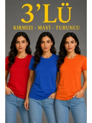 3’lü Kısa Kollu Bisiklet Yaka Basic Slim Fit T-Shirt - Kırmızı - Mavi - Turuncu