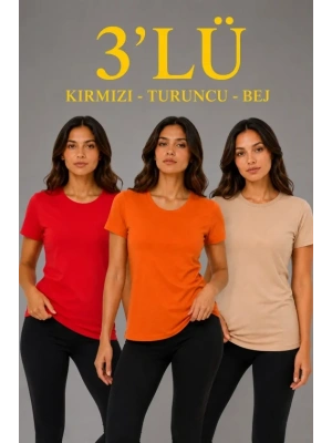 3’lü Kısa Kollu Bisiklet Yaka Basic Slim Fit T-Shirt - Kırmızı - Turuncu - Bej