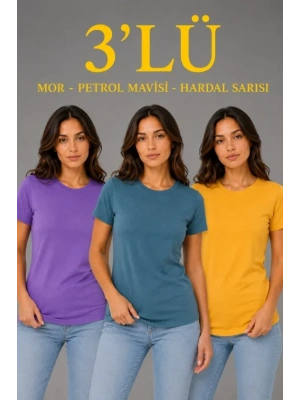 3’lü Kısa Kollu Bisiklet Yaka Basic Slim Fit T-Shirt - Mor - Petrol Mavisi - Hardal