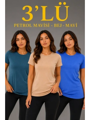 3’lü Kısa Kollu Bisiklet Yaka Basic Slim Fit T-Shirt -Petrol Mavisi  - Bej - Mavi