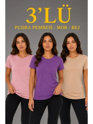 3’lü Kısa Kollu Bisiklet Yaka Basic Slim Fit T-Shirt - Pudra Pembe - Mor - Bej