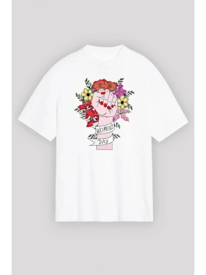 8 Mart Dünya Kadınlar Günü Baskılı Oversize Bisiklet Yaka T-shirt - Beyaz
