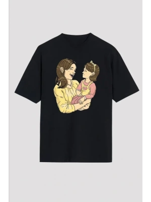Anneler Günü Hediye Anne Kız Temalı Baskılı Oversize Bisiklet Yaka T-shirt - Siyah