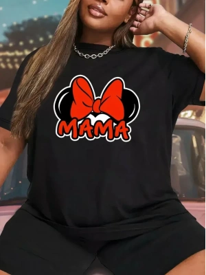 Anneler Günü Hediye Anne Temalı Baskılı Oversize Bisiklet Yaka T-shirt - Siyah