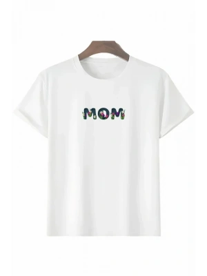 Anneler Günü Hediye Mom Çiçek Baskılı Oversize Bisiklet Yaka T-shirt - Beyaz