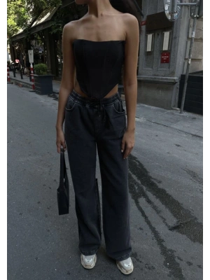 Arkadan Yırtmaçlı Jeans Kot Palazzo Pantolon - Siyah