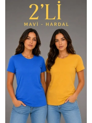 Basic Bisiklet Yaka Yazlık Slim Fit T-Shirt - Mavi - Hardal Sarısı