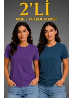 Basic Bisiklet Yaka Yazlık Slim Fit T-Shirt - Mor - Petrol Mavisi