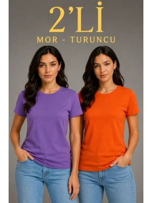 Basic Bisiklet Yaka Yazlık Slim Fit T-Shirt - Mor  - Turuncu