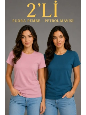 Basic Bisiklet Yaka Yazlık Slim Fit T-Shirt - Pudra Pembe - Petrol Mavi