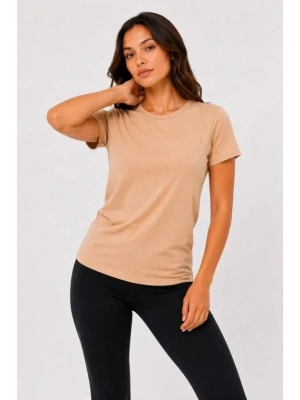 Basic Tişört Bisiklet Yaka Kısa Kol Günlük Yazlık Slim Fit T-Shirt - Bej