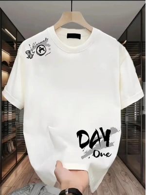 Baskılı Oversize Bisiklet Yaka T-shirt - Beyaz