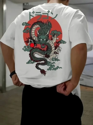 Baskılı Oversize Bisiklet Yaka T-shirt - Beyaz