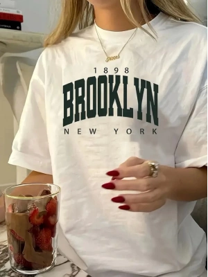 Baskılı Oversize Bisiklet Yaka T-shirt - Beyaz