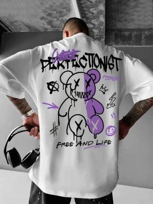 Baskılı Oversize Bisiklet Yaka T-shirt - Beyaz