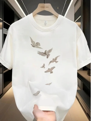 Baskılı Oversize Bisiklet Yaka T-shirt - Beyaz