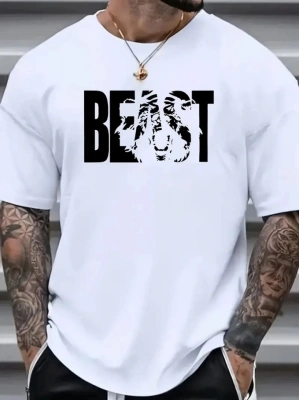 Baskılı Oversize Bisiklet Yaka T-shirt - Beyaz