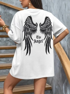 Baskılı Oversize Bisiklet Yaka T-shirt - Beyaz
