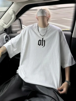 Baskılı Oversize Bisiklet Yaka T-shirt - Beyaz