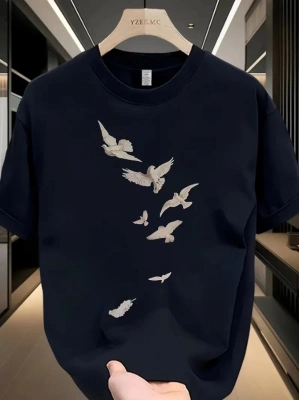 Baskılı Oversize Bisiklet Yaka T-shirt - Beyaz