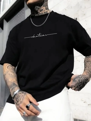 Baskılı Oversize Bisiklet Yaka T-shirt - Siyah
