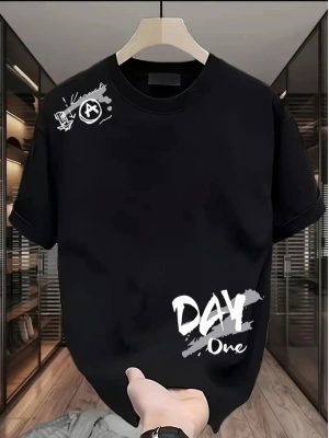 Baskılı Oversize Bisiklet Yaka T-shirt - Siyah
