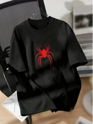 Baskılı Oversize Bisiklet Yaka T-shirt - Siyah