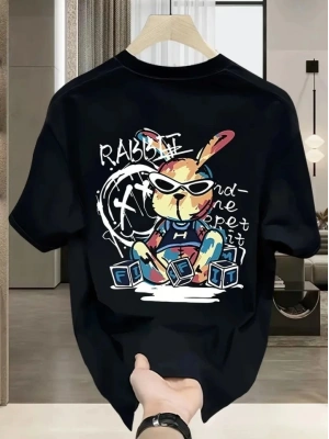 Baskılı Oversize Bisiklet Yaka T-shirt - Siyah