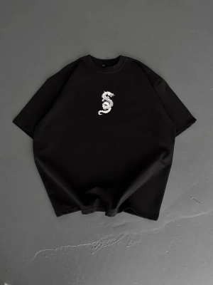 Baskılı Oversize Bisiklet Yaka T-shirt - Siyah