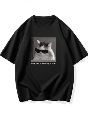 Baskılı Oversize Bisiklet Yaka T-shirt - Siyah