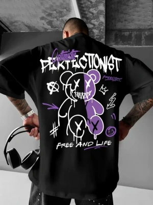 Baskılı Oversize Bisiklet Yaka T-shirt - Siyah