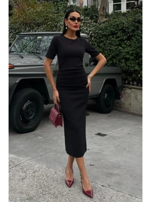 Beli Büzgülü Midi Elbise 2853