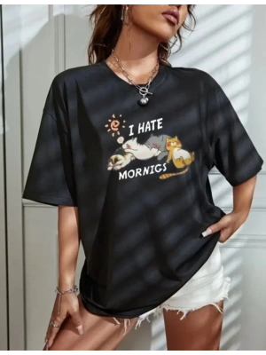 Bisiklet Yaka Baskılı Oversize T-Shirt - Siyah