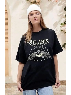 Bisiklet Yaka Baskılı T-shirt - Siyah
