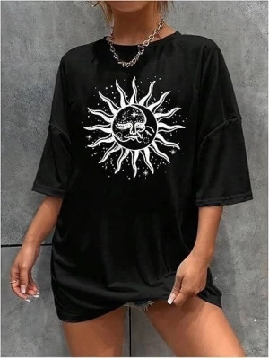 Bisiklet Yaka Baskılı T-shirt - Siyah