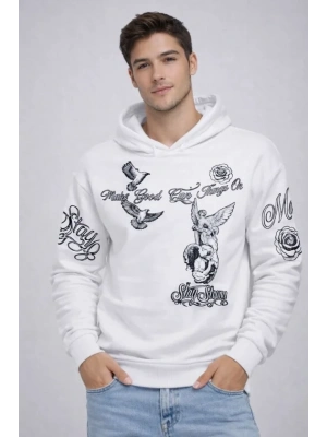 Erkek 3 İplik Pamuklu Kapüşonlu Baskılı SweatShirt Hoodie - Beyaz