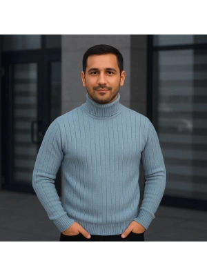 Erkek Balıkcı Yaka Bağazlı Triko Kazak Pamuklu Kalın Fitilli Dokuma, Regular Fit Uzun Kollu Kışlık Model - Bebe Mavisi