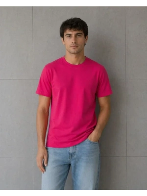 Erkek Basic Pamuklu Tişört Bisiklet Yaka Düz Renk Regular Fit T-Shirt - Fuşya