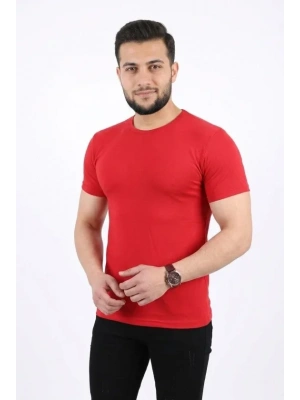 Erkek Basic Tişört Bisiklet Yaka Kısa Kol Günlük Yazlık Slim Fit T-Shirt - Kırmızı