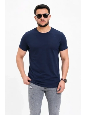 Erkek Basic Tişört Bisiklet Yaka Kısa Kol Günlük Yazlık Slim Fit T-Shirt - Lacivert