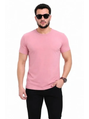 Erkek Basic Tişört Bisiklet Yaka Kısa Kol Günlük Yazlık Slim Fit T-Shirt - Pembe