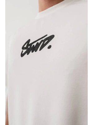 Erkek Baskılı Oversize T-shirt - Beyaz