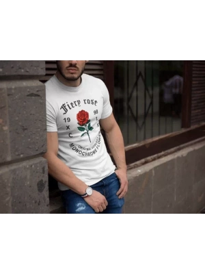 Erkek Bisiklet Yaka Baskılı Oversize T-Shirt - Beyaz